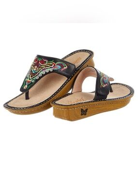 Alegria Black Thong Sandals with Multicolor Embroidery